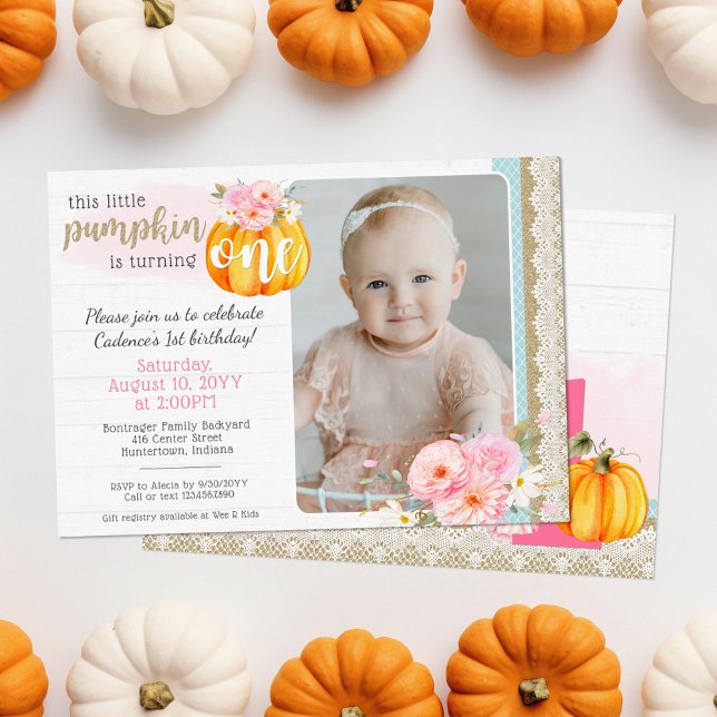 Invitation Automne Floral Citrouille Baby Girl's 1st Birthday (Créateur téléchargé)