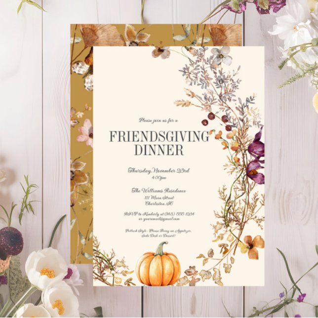 Invitation Automne Floral Citrouille Dîner d'Action d'Amabili (Fall Floral Friendsgiving Dinner Invitation, Pumpkin Thanksgiving Invite, Wildflowers)