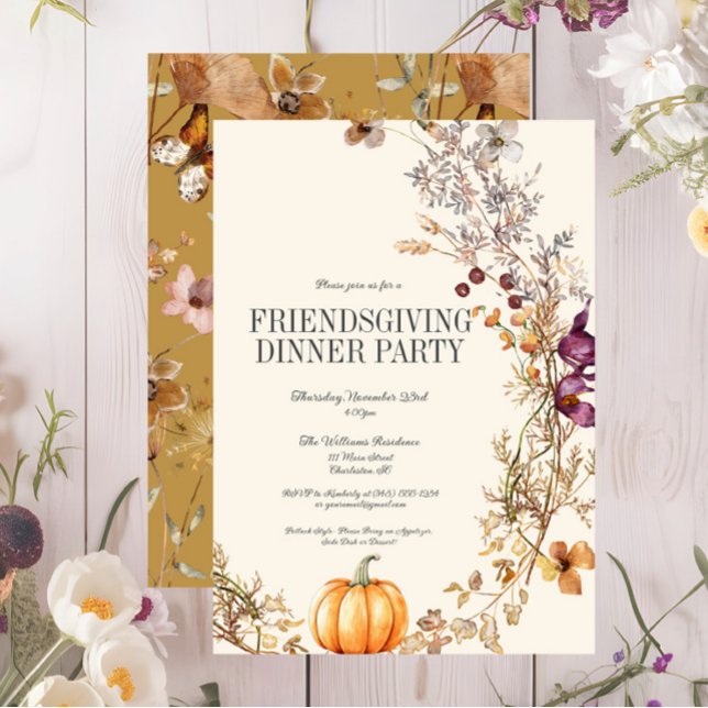 Invitation Automne Floral Citrouille Friendsgiving Diner Part (Fall Floral Friendsgiving Dinner Invitation, Pumpkin Autumn Thanksgiving Invite, Wildflowers )
