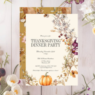 Invitation Automne Floral Citrouille Thanksgiving Dîner fête