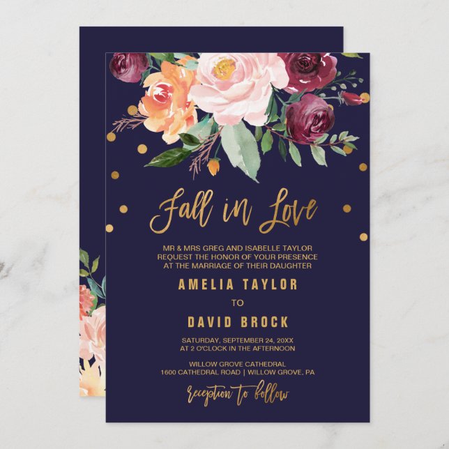Invitation Automne Floral Formal Automne En Amour | Mariage d (Devant / Derrière)