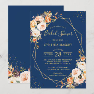 Invitation Automne Floral Gold Frame Marine Blue Fête des mar