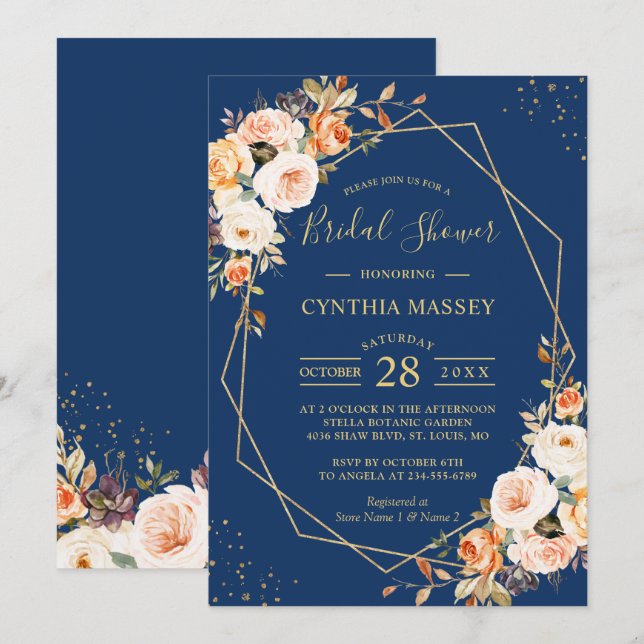 Invitation Automne Floral Gold Frame Marine Blue Fête des mar (Devant / Derrière)