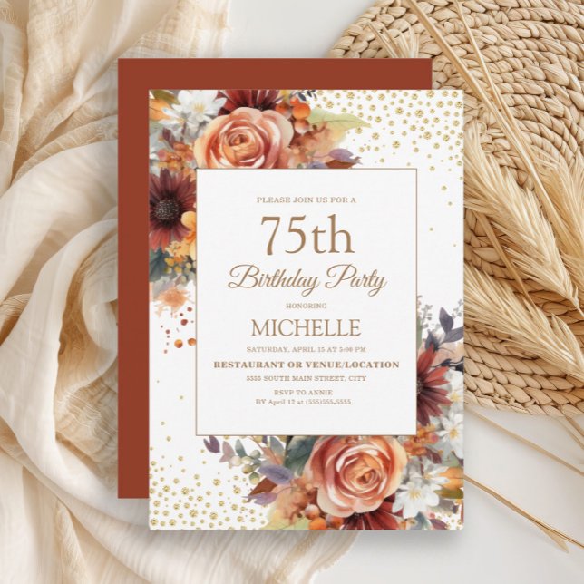 Invitation Automne Floral Gold Parties scintillant 75e annive (Rustic autumn floral, burnt orange and terracotta watercolor floral 75th birthday party invitation)