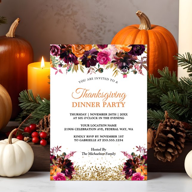Invitation Automne Floral Gold Parties scintillant Thanksgivi (Rustic Floral Thanksgiving Dinner Party)