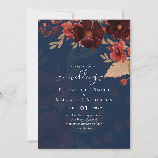 Invitation Automne Floral Mariage Terracotta Bourgogne Rouge (Devant)