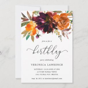 Invitation Automne Floral Orange Bourgogne Femme Anniversaire