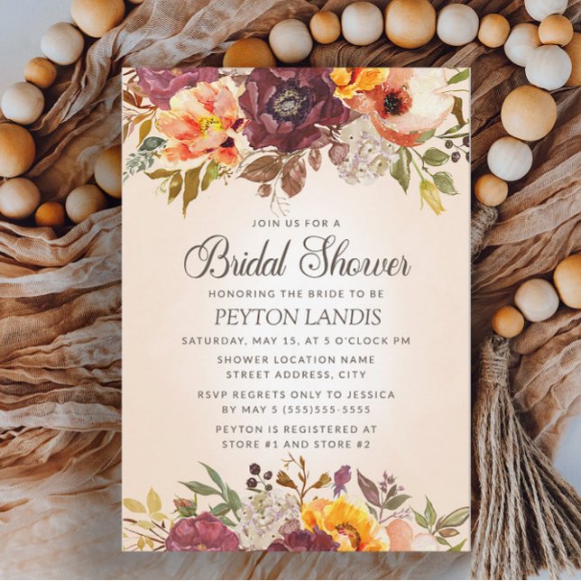 Invitation Automne Floral Orange Rust Fête des mariées (Burgundy and orange floral fall bridal shower invitation)