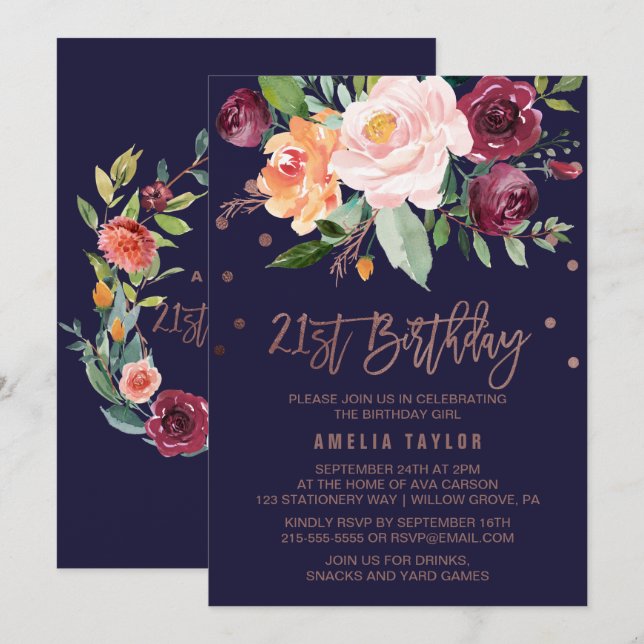 Invitation Automne Floral Rose Gold 21e fête d'anniversaire (Devant / Derrière)