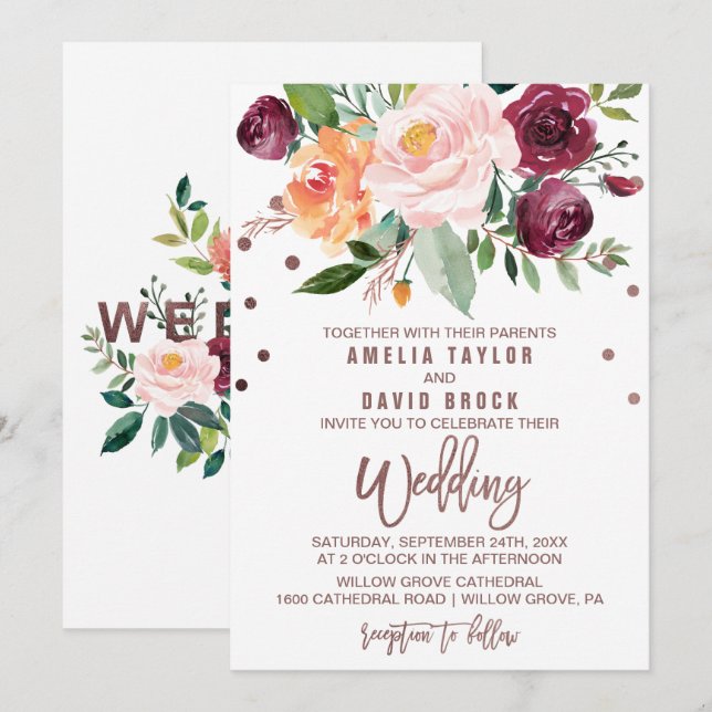 Invitation Automne Floral Rose or Mariage de typographie  (Devant / Derrière)