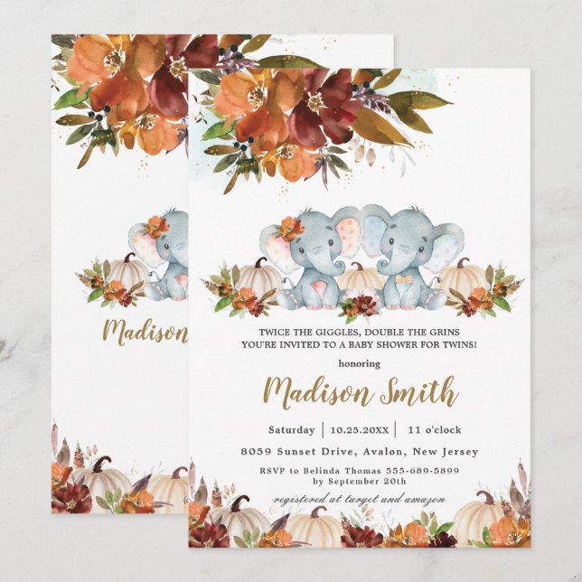 Invitation Automne Floral Twins Boy Girl Elephants Baby showe (Devant / Derrière)