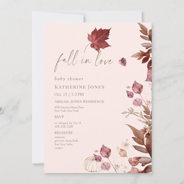 Invitation Automne Foliage Blush Baby shower (Devant)