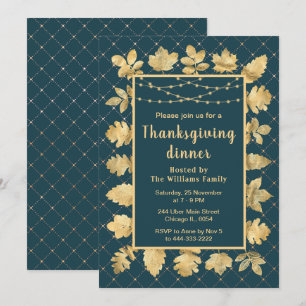 Invitation Automne Gold Feuilles Thanksgiving Dîner Turquoise
