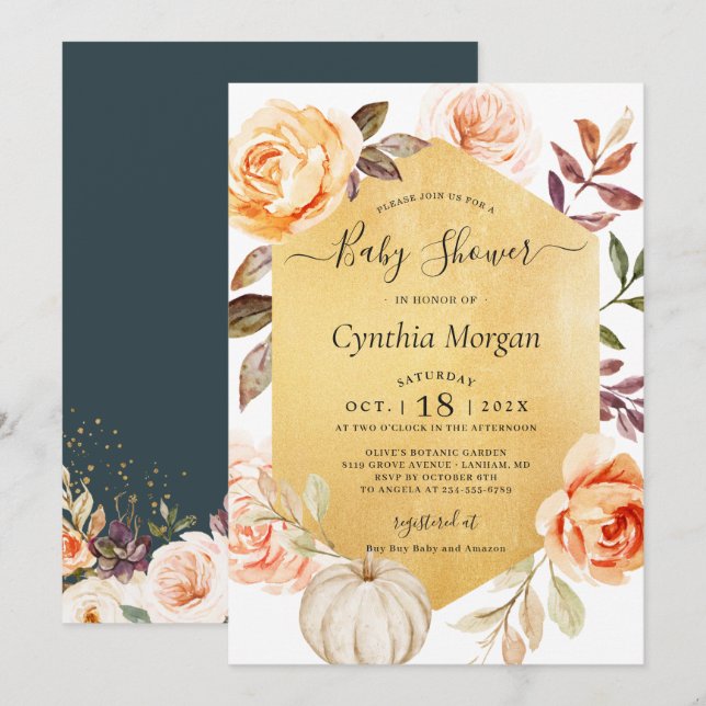 Invitation Automne Gold Floral Petit Baby shower Citrouille (Devant / Derrière)