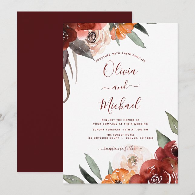 Invitation Automne Mariage Bourgogne Floral Automne (Devant / Derrière)