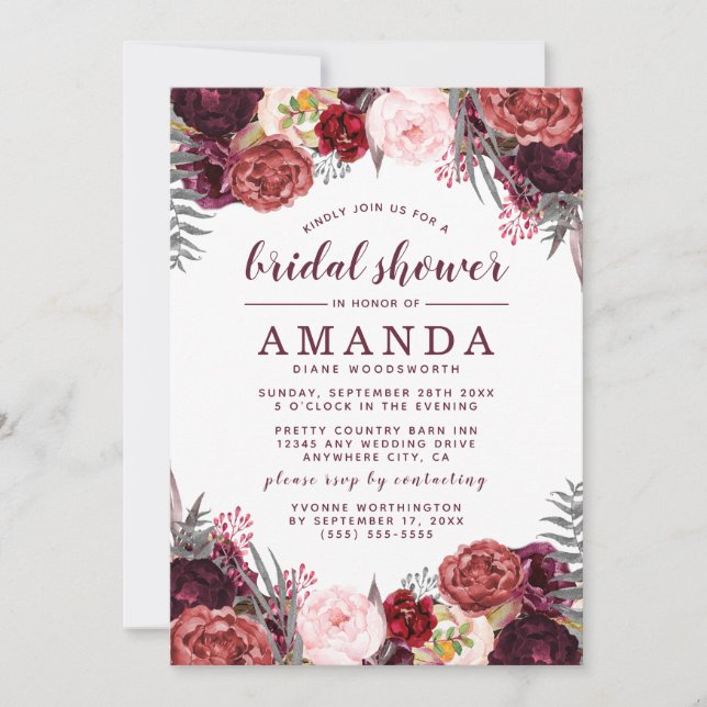 Invitation Automne Marsala Blush Peony Envoi de douche nuptia (Devant)