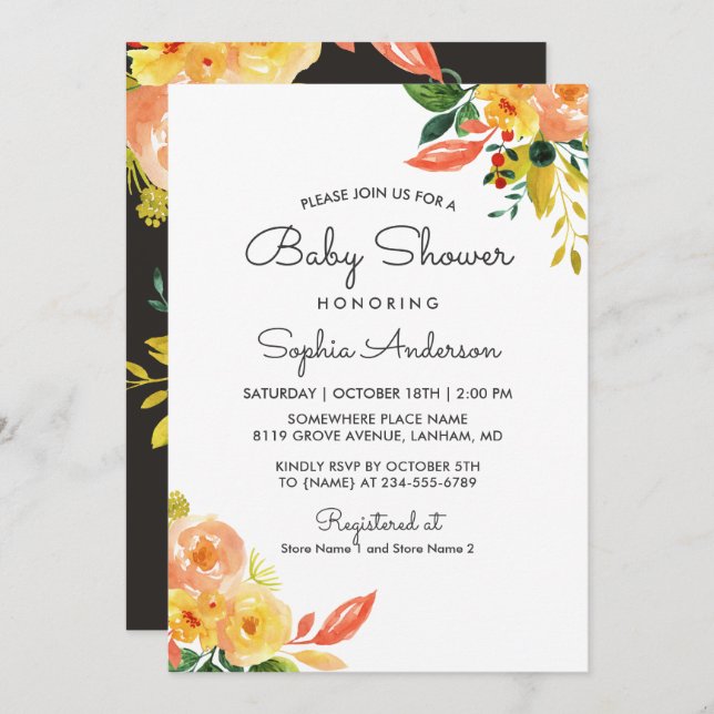 Invitation Automne Pêche Florale Adorable Baby shower Automne (Devant / Derrière)