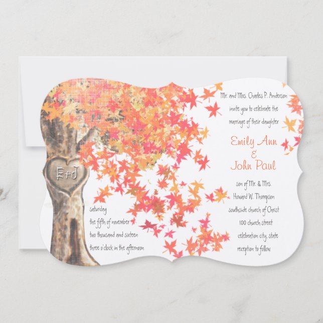 Invitation Automne Romantique Arbre Rustique Orange Jaune Mar (Devant)