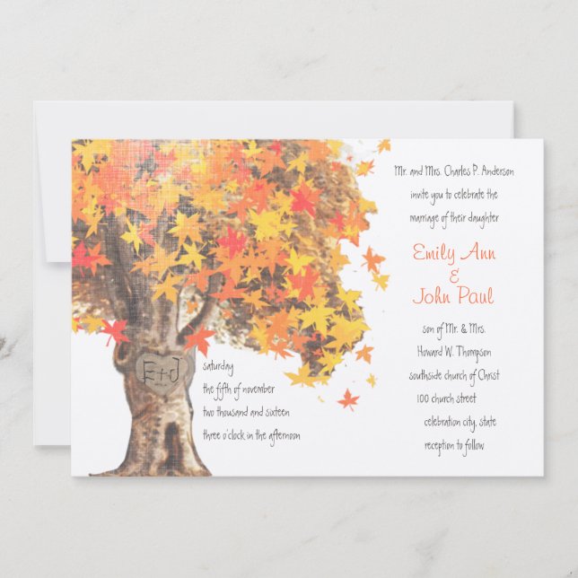 Invitation Automne Romantique Arbre Rustique Orange Jaune Mar (Devant)