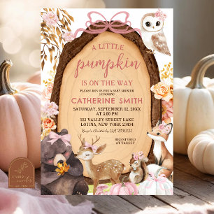 Invitation Automne rose Citrouille bois Baby shower animal In