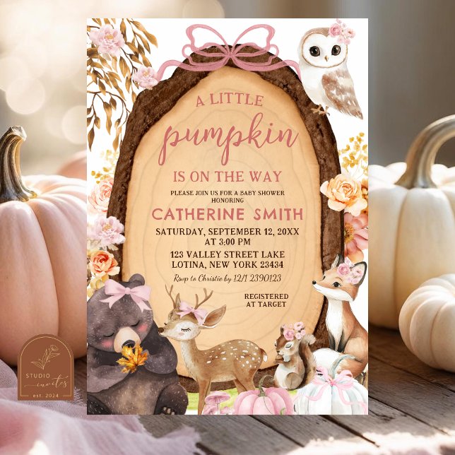 Invitation Automne rose Citrouille bois Baby shower animal In (Créateur téléchargé)