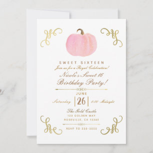 Invitation Automne Rose Étincelle Citrouille Douce 16 fête