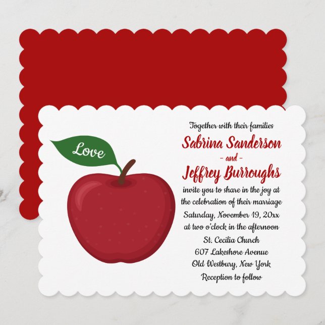 Invitation Automne Rouge Bourgogne Mariage Pays Apple Love (Devant / Derrière)