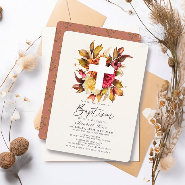 Invitation Automne Rustique Automne Floral Croix Blanche Bapt (Créateur téléchargé)