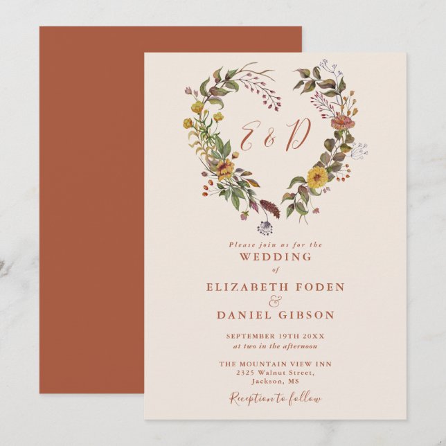 Invitation Automne Rustique Automne Floral Mariage Coeur (Devant / Derrière)