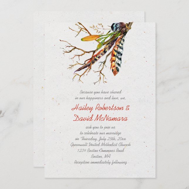 Invitation Automne Rustique Boho Feathers Vines Mariage | (Devant / Derrière)