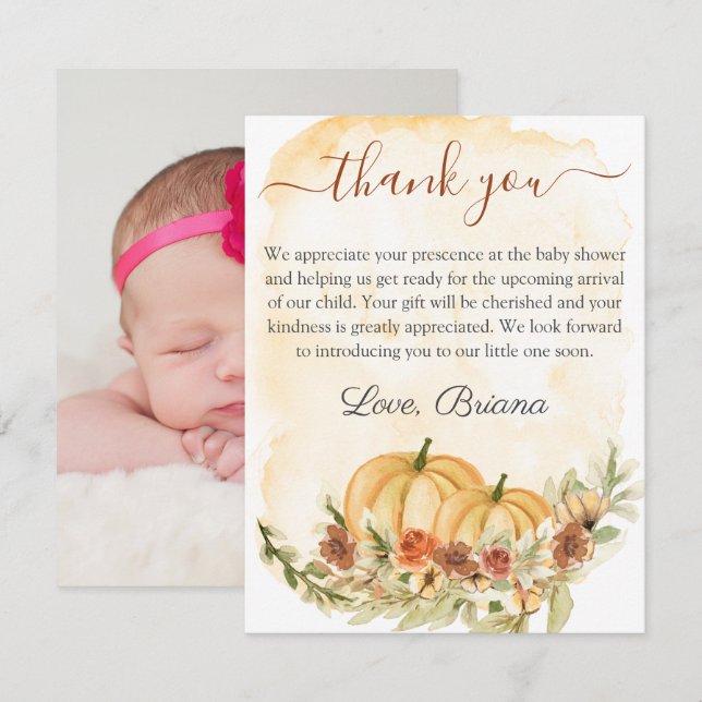 Invitation Automne Rustique Citrouille aquarelle Baby shower  (Devant / Derrière)