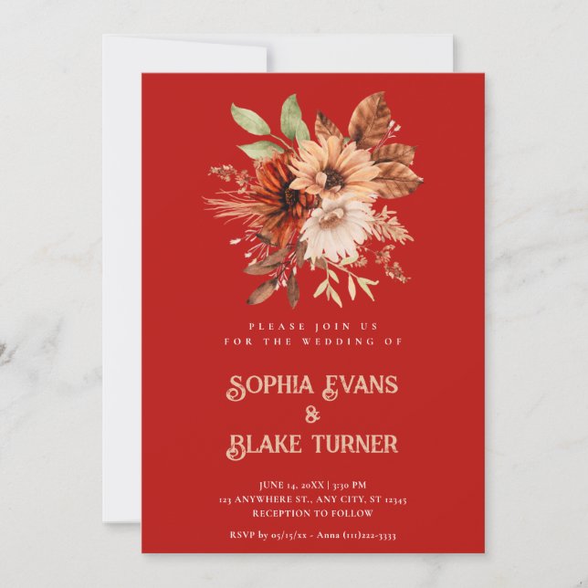 Invitation Automne Rustique Floral Botanique Crimson Rouge Ma (Devant)