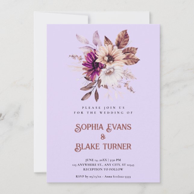 Invitation Automne Rustique Floral Botanique Violet Mariage (Devant)