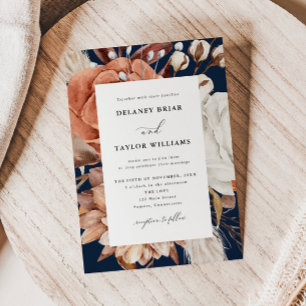 Invitation Automne Rustique Floral, Mariage bleu marine