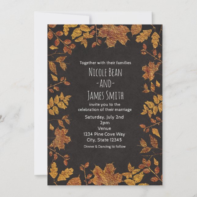 Invitation Automne Rustique Golden Feuilles Élégant mariage (Devant)