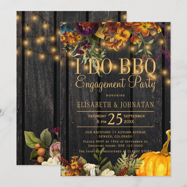 Invitation Automne rustique grange bois Je fais fête d'engage (Devant / Derrière)