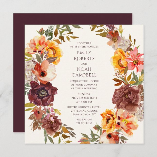 Invitation Automne Rustique Plum Orange Floral Mariage (Devant / Derrière)