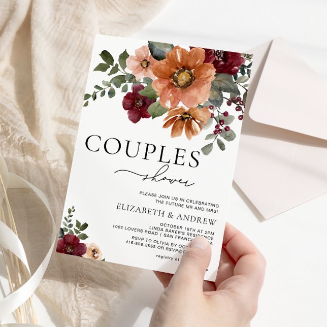 Invitation Automne Terracotta Bourgogne Floral Couples Douche (Créateur téléchargé)