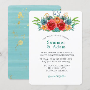 Invitation Automne Turquoise Rouge Orange Aquarelle Rose Mari