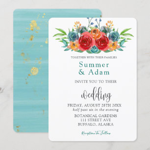 Invitation Automne Turquoise Rouge Orange Aquarelle Roses Mar