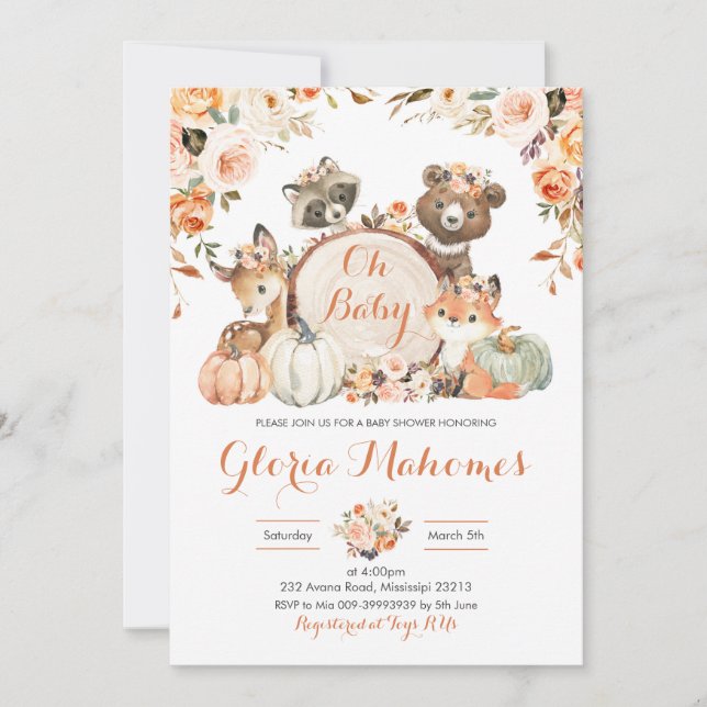 Invitation Automne Woodland Girl Oh Baby Baby shower (Devant)