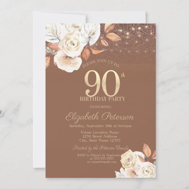 Invitation Autumn Flower Glitter Terracotta 90th Birthday (Devant)