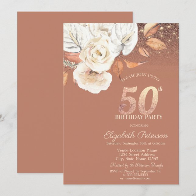Invitation Autumn Flowers Lights Glitter 50th Birthday (Devant / Derrière)