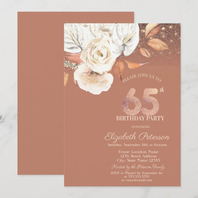Invitation Autumn Flowers Lights Glitter 65th Birthday (Devant / Derrière)