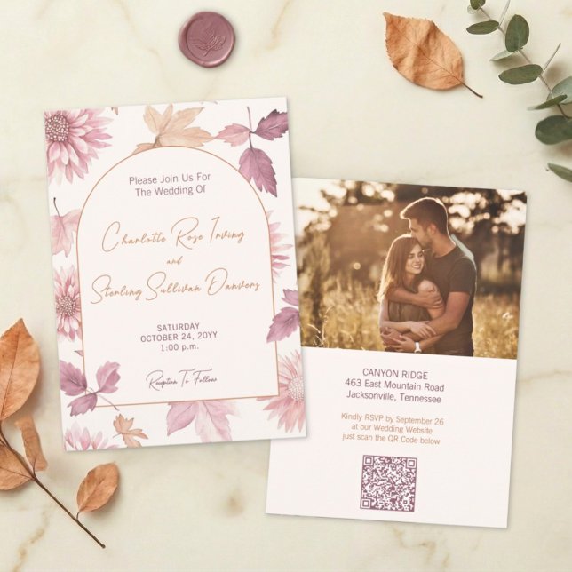 Invitation Autumn Leaves Blush Terracotta Photo Wedding (Créateur téléchargé)