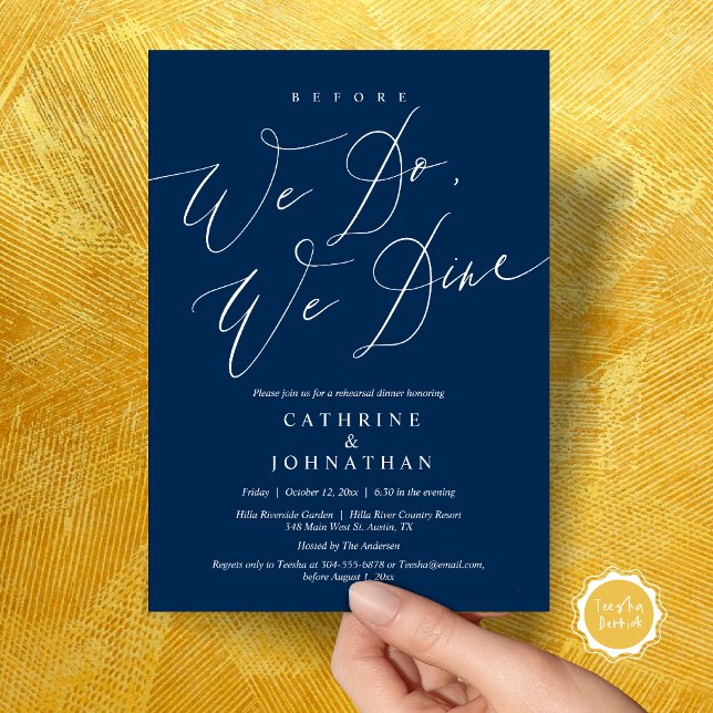 Invitation Avant de dîner, on dîne, Dîner de répétition Maria (Before we do, we dine, modern romantic wedding rehearsal dinner invitation card, pdf, in navy blue)