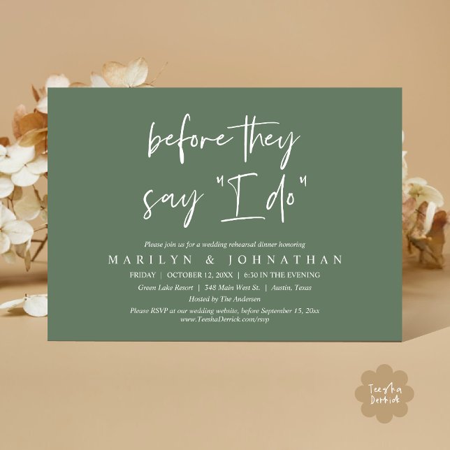 Invitation Avant De Dire "Je Le Fais", Dîner De Répétition Ma (Before They Say I Do, Rustic Modern Wedding Rehearsal Dinner Invites Card PDF Greenery Sage Green)