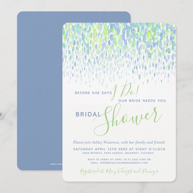 Invitation Avant de faire douche nuptiale couleur verte bleue (Devant / Derrière)