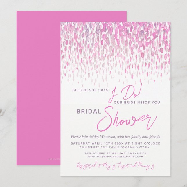 Invitation Avant de faire nuptiale douche aquarelle rose (Devant / Derrière)