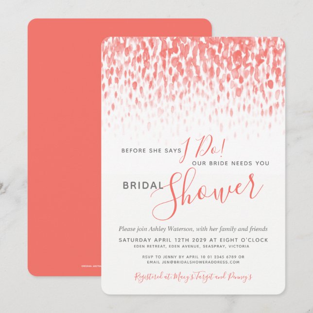 Invitation Avant de faire nuptiale douche corail aquarelle ar (Devant / Derrière)
